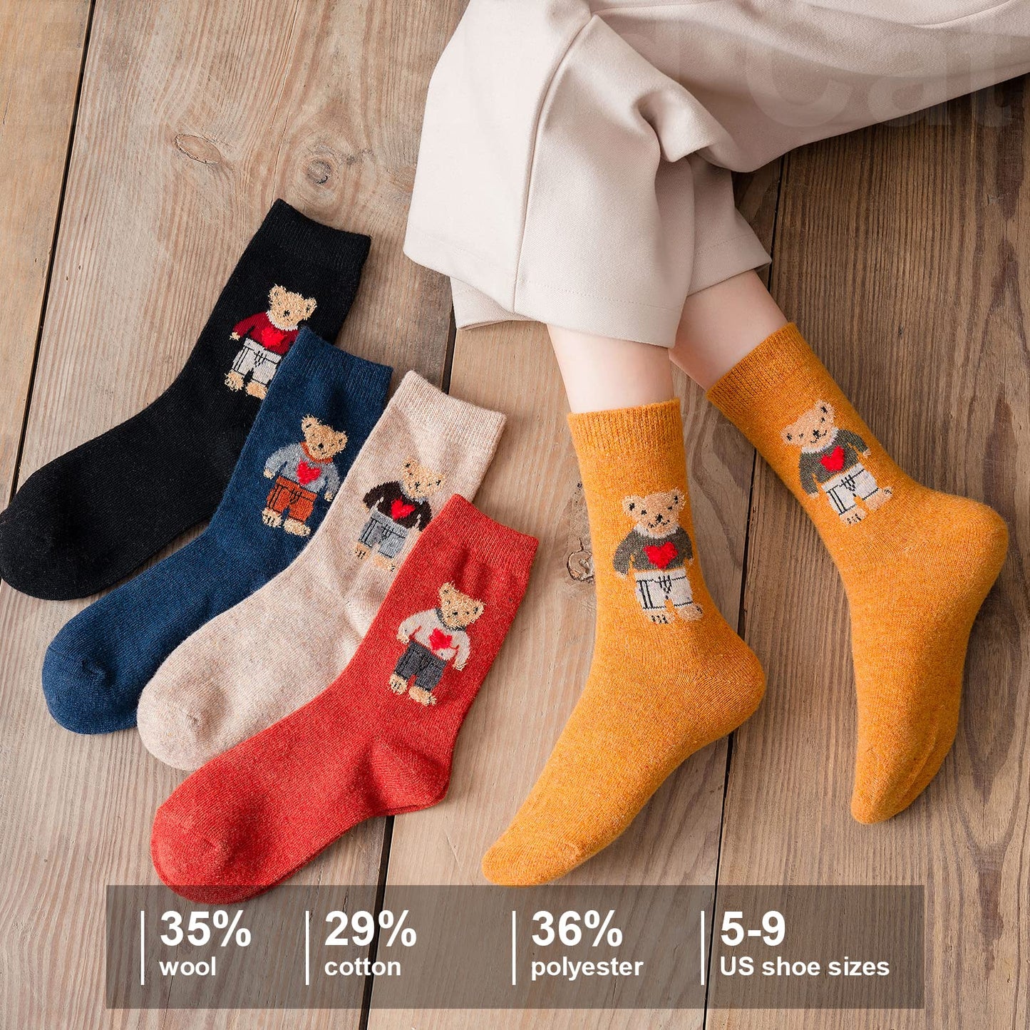 Cute Wool Socks Super Cozy Thick Crew Winter Socks Gifts, 5 Pairs