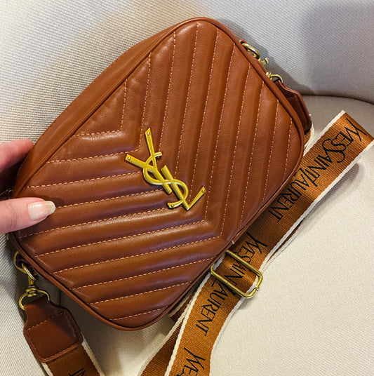 Camel Crossbody Gold Emblem Bag