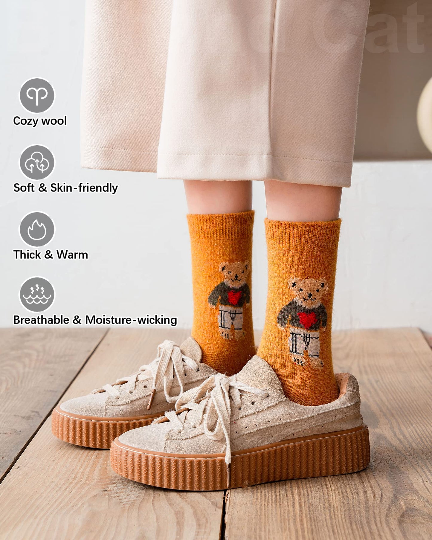 Cute Wool Socks Super Cozy Thick Crew Winter Socks Gifts, 5 Pairs