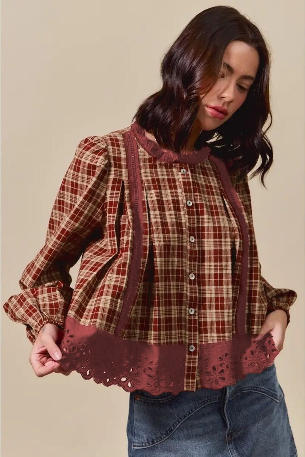 Plaid Eyelet Lace Trim Buttoned Long Sleeve Shirt