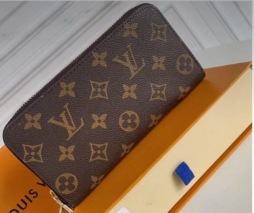 Brown Flower Monogram Top Zip Wallet